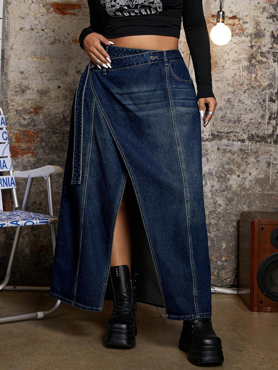 SHEIN ICON Váy chữ A denim cạp chéo màu trơn cỡ lớn - Rửa tối - Xem 1