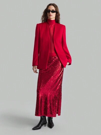 Women's Red Christmas Solid Color 30% Wool Blend Long Sleeve Open Front Elegant Blazer, Autumn