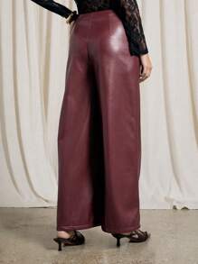 AiiRZ Pantaloni largi din piele ecologică Palazzo, eleganți și luxoși, cu talie înaltă, pentru petrecere, seară, iarnă, toamnă, la modă, pantaloni lungi, pentru birou, cadou de sărbători - roșu - Vizualizare 2