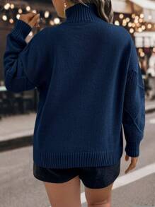 SHEIN LUNE Plus Size Casual Solid Color Drop Shoulder Sweater, Autumn/Winter Knit Pullover Fall - Navy Blue - View 2