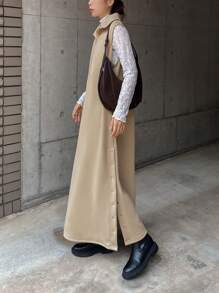 FRIFUL Robe longue en tricot à col montant et boutons latéraux unicolore décontractée pour l'automne et l'hiver - Kaki - Voir 3