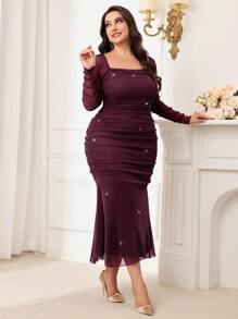 Modelyn Burgundy Red Plus Size Glitter Mermaid Hem Elegant Dresses