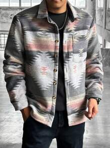 Manfinity Homme Men's All-Over Print Long Sleeve Button Front Pocket Shacket, Men Printed Button Up, Men Graphic Button Up, Men Shirts Streetwear - Multicolor - View 5