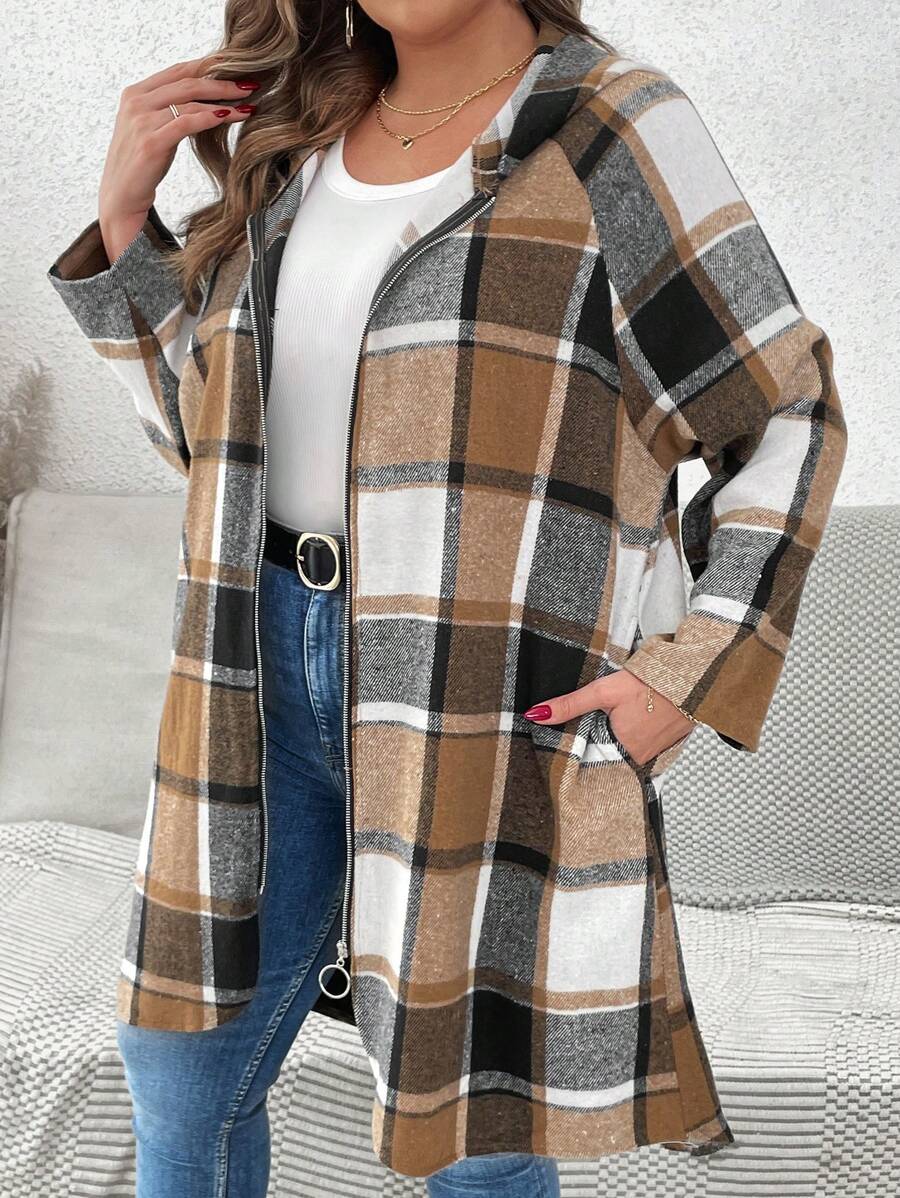 SHEIN VCAY Plus Size Women Plaid Raglan Sleeve Zipper Stand Collar Casual Hooded Coat, Autumn - Multicolor - View 1