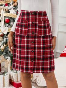 SHEIN LUNE Váy chữ A họa tiết Giáng sinh kẻ sọc thường ngày dành cho nữ, phù hợp để mặc hàng ngày vào mùa thu/đông - Đỏ - Xem 3