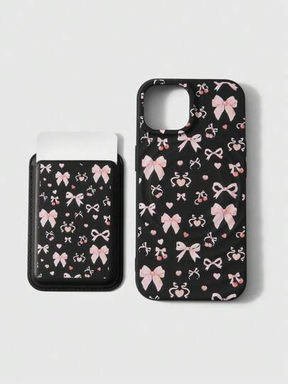 Kawaii Funda magnética para teléfono con estampado de lazo y cereza, Estuche compatible con MagSafe, Estuche de carga inalámbrica, Estuche magnético desmontable con soporte para tarjetas con estampado de lazo y cereza