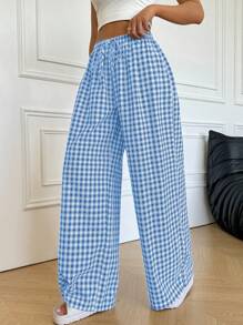 SHEIN EZwear Quần ống rộng kẻ caro buộc eo thường ngày cho nữ - Xanh và trắng - Xem 5