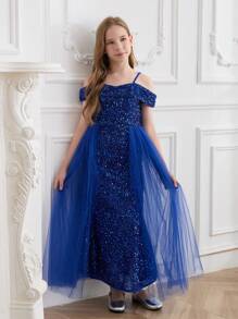 SHEIN 优雅蓝色细肩带连衣裙，适合少女穿着，无袖长款正式礼服，适合晚会、万圣节、圣诞节、生日、节日等场合 - 藍色 - 查看 5