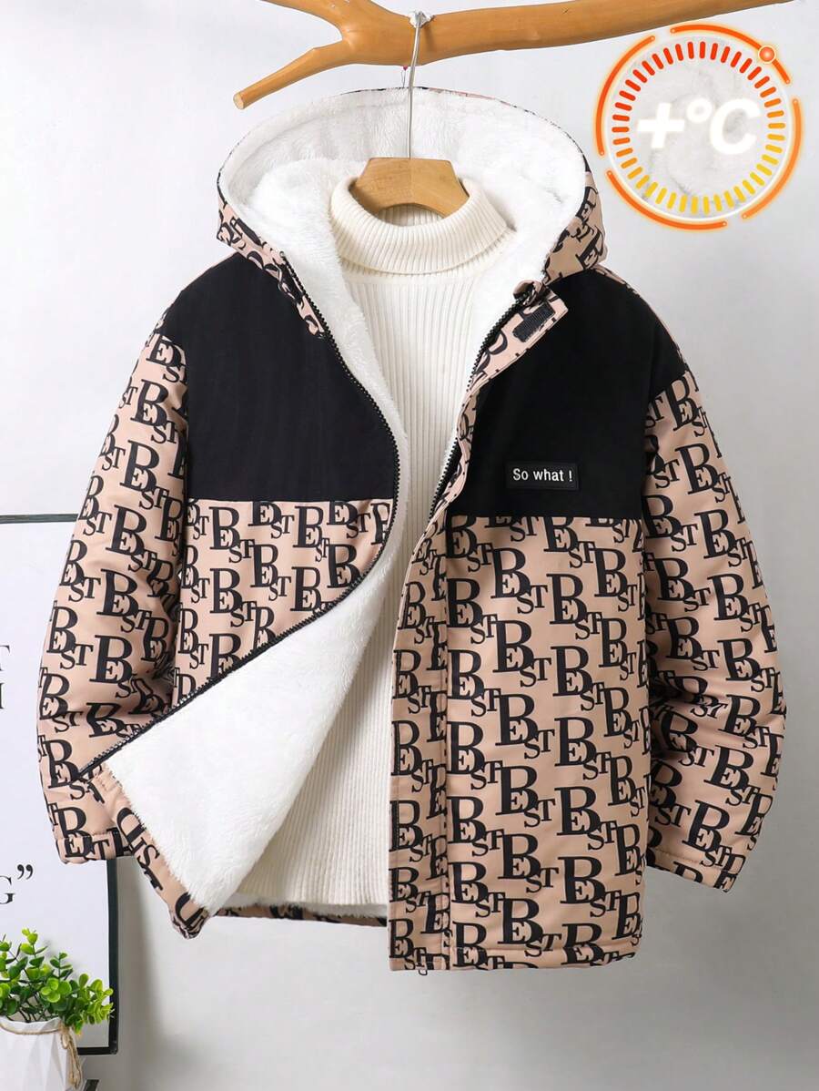 SHEIN Leap Crew 儿童青少年男孩休闲拼布印花连帽拉链加厚保暖长袖夹克派克大衣，冬季 - 彩色 - 查看 1