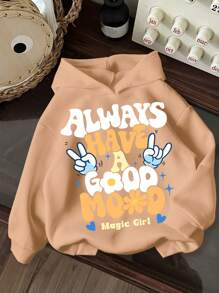 SHEIN Leap Crew Tween Girls Casual Minimalist Thermal Lined Loose Fit Hooded Sweatshirt, Suitable For Autumn & Winter - Camel - View 1