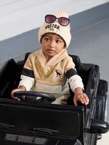 Bộ 2 quần nỉ in họa tiết khủng long màu tương phản cho bé trai và quần nỉ chắp vá, dễ thương và thời trang cho hoạt động ngoài trời hoặc giải trí, phù hợp cho mùa thu/đông - Màu be - Xem 8