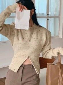 DAZY 女式超大荷叶边下摆长袖花卉雪纺毛衣秋季