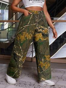 Slaydiva Plus Size Casual Camouflage Print Straight Leg Jeans - Multicolor - View 5