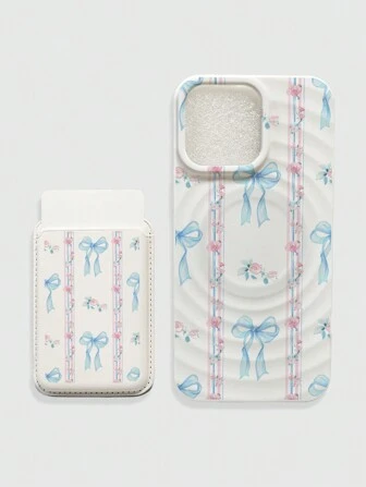 Kawaii Carcasa magnética para teléfono con estampado de mariposa y flor, compatible con carga inalámbrica MagSafe, con soporte magnético para tarjetas a juego con estampado de mariposa y flor