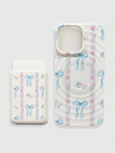 Kawaii Butterfly & Flower Print Magnetic Phone Case, Compatible With MagSafe Wireless Charging, With Matching Butterfly & Flower Print Magnetic Card Holder