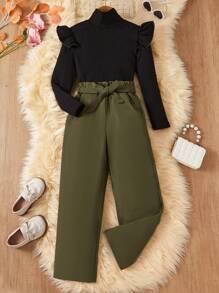 SHEIN 青少年女孩高领荷叶边长袖黑色上衣和系腰绿色裤子优雅 2 件套 - 軍綠色 - 查看 1