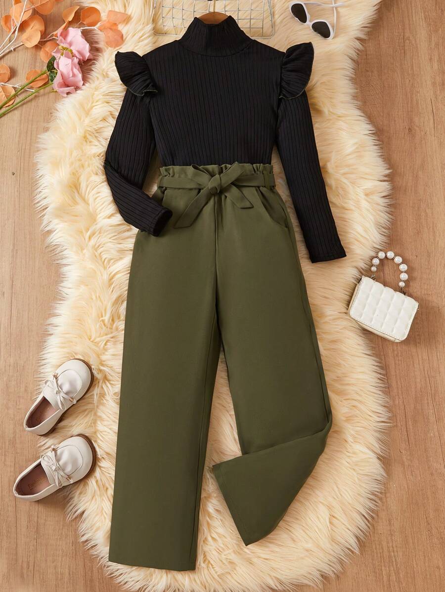 SHEIN 青少年女孩高领荷叶边长袖黑色上衣和系腰绿色裤子优雅 2 件套 - 軍綠色 - 查看 1
