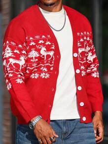 Manfinity Homme Plus Size Men's Button Front Long Sleeve Casual Graphic Shirt, Minimalist Style For Daily Wear Christmas - Red - View 6