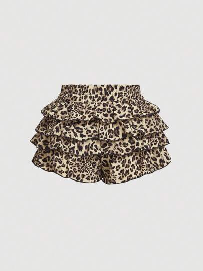 Maija Kids Maija Kids Young Girls's Casual Spring/Summer Butterfly Decor Multilayer Leopard Print Cake Shorts,Suitable For Spring And Summer,Suitable For Girls Daily Wear