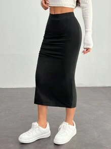 SHEIN PETITE 1pc Women Plain Color Split Pleat Minimalist A-Line Skirt, Casual Daily Wear