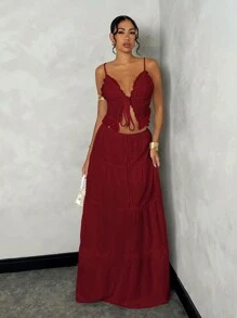 SHEIN BAE 女士夏季海滩度假浪漫约会日常穿着吊带背心蕾丝贴片系带短款上衣 + 低腰褶皱长裙套装，白色亚麻面料