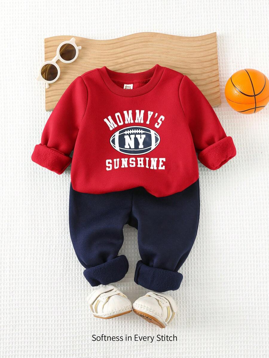 Cozy Pixies 2 件套男婴字母图案圆领长袖套头衫和松紧腰袖口裤套装 - 彩色 - 查看 1