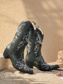 Styleloop Women's Floral Embroidered Minimalist Western Cowboy Boots, Casual For Daily Wear For Christmas And New Year Holiday Vibe Fall And Winter - Dark Green - View 8