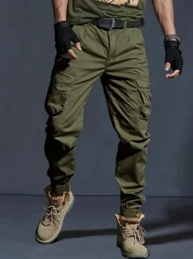 Manfinity Homme Men's Solid Color Multi-Pocket Casual Cargo Pants, Daily Wear