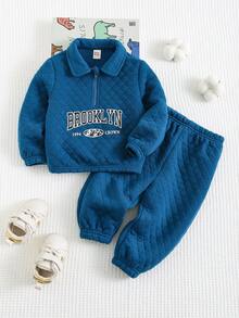 Cozy Pixies 2 件套男婴字母图案翻领拉链运动衫和慢跑裤套装 - 藍色 - 查看 8