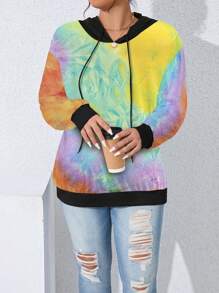 SHEIN LUNE Plus Size Women Tie Dye Printed Colorblock Drop Shoulder Drawstring Sweatshirt, Casual Style For Spring/Autumn Pullover Fall Sweatshirt - Multicolor - View 3