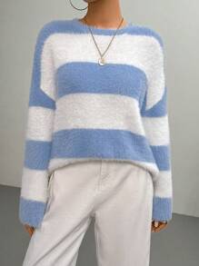 SHEIN Unity Casual Color Block Stripe Bell Sleeve Sweater, Autumn/Winter, Knit Pullover Fall - Multicolor - View 3