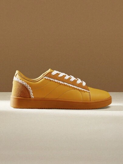 CUCCOO EASI Fashionable Ivory Pink Lace-Up Canvas Sneakers For Women, Lightweight Casual Comfortable Slip-On Walking Flat Shoes, Suitable For Outdoor, Shopping Tainers