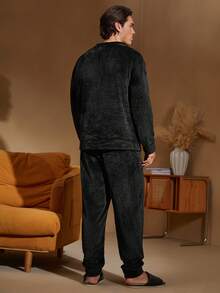 男士舒适柔软雪人刺绣毛绒毛衣和裤子睡衣套装，秋冬 - 黑色 - 查看 2