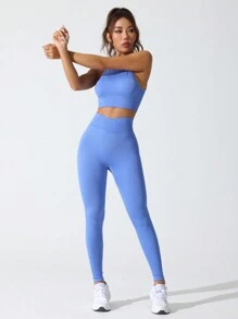 Bộ đồ tập gym nữ thời trang co giãn màu trơn và quần legging thể thao - Màu xanh lam - Xem 2