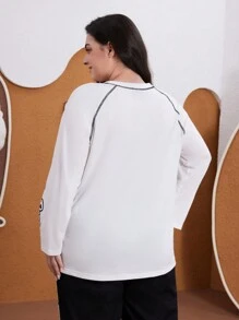 We Bare Bears X SHEIN Große Größen Lässig süßer Bär Muster Rundhals Langarm Raglan Kontrast Saum T-Shirt, für Herbst/Winter - Weiss - Übersicht 2