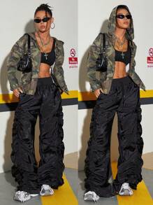 SHEIN ICON Áo khoác denim hoodie rộng rãi có khóa kéo in họa tiết rằn ri giản dị cho nữ - Nhiều màu - Xem 2