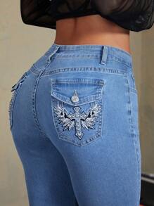 SHEIN ICON Cross Embroidered Washed Flared Leg Jeans, Casual & Versatile, Suitable For Spring & Autumn