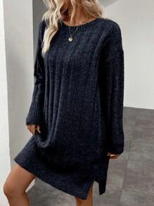 SHEIN LUNE 女士纯色落肩宽松开衩罗纹针织毛衣连衣裙