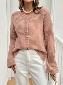 SHEIN Frenchy Women's Solid Color Front Button Closure Long Sleeve Casual Top Winter Pink