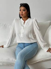 Flirla Plus Size Casual Textured Button Up Shirt, Autumn - White - View 3