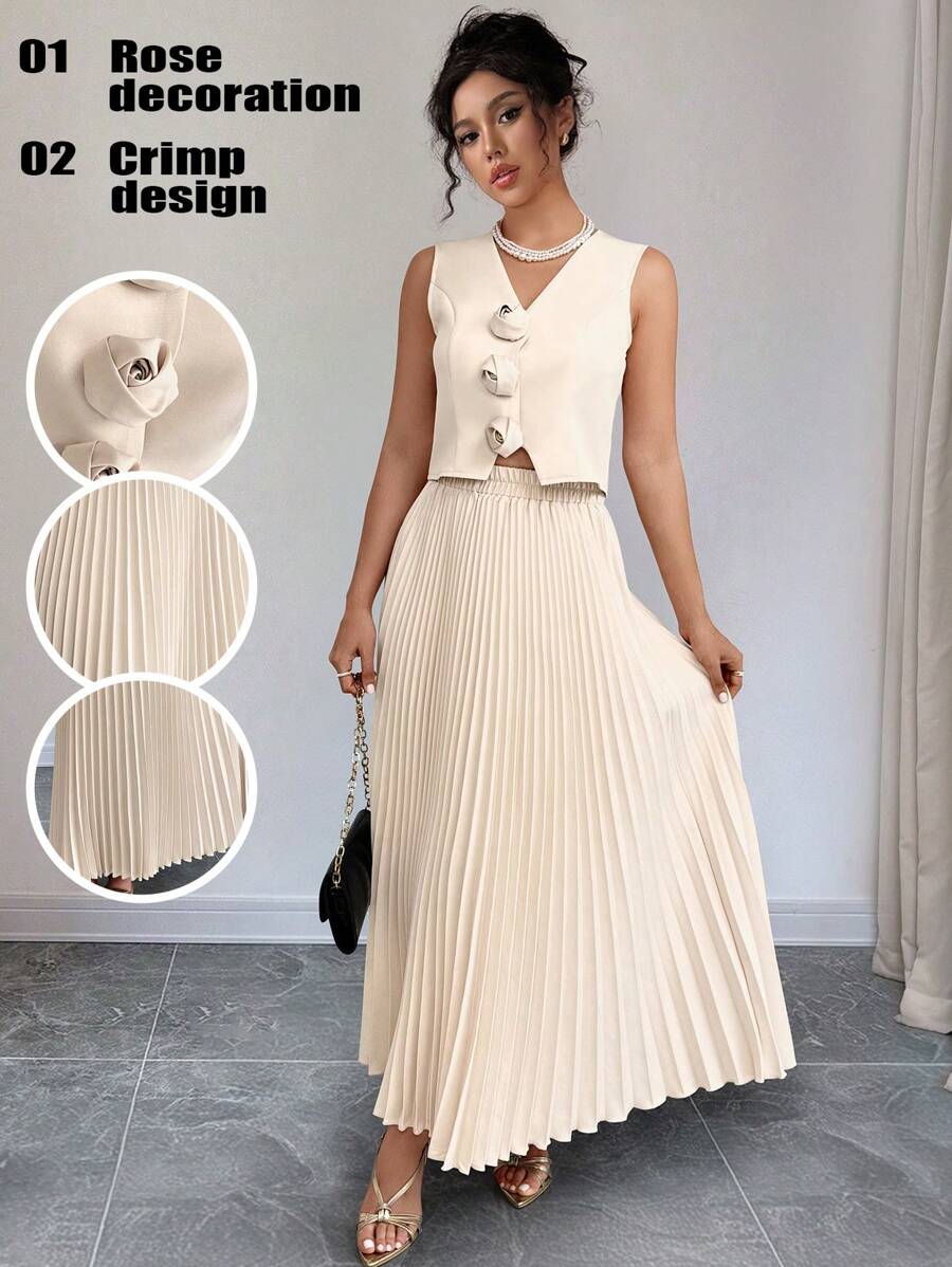 Chiquease 2pcs Women Casual 3D Flower Decor Vest And Pleated Skirt Set - Apricot - View 1