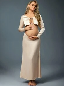 SHEIN 孕妇系带长袖开衫和可调节腰部美人鱼下摆裙子，拍照装，适合拍照