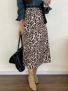 DAZY Falda midi de línea A con estampado de leopardo para mujeres