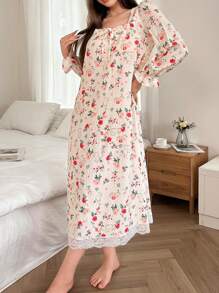 Dream Adore Cute Cartoon Pattern Flared Long Sleeve Nightgown Babydoll, Summer Holiday Season - Apricot - View 5