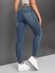 SHEIN PETITE 女士休闲日常破洞斜口袋紧身牛仔裤，春秋季 - 中等水洗藍 - 查看 2