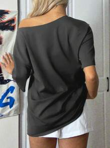 SHEIN Essnce Camiseta holgada de color gris oscuro de estilo minimalista casual, adecuada para el verano, para mujeres