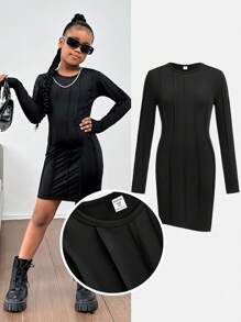 SHEIN Váy ngắn ôm sát cổ tròn tay dài chắp vá thời trang đường phố cho bé gái tuổi teen, phù hợp cho mùa thu, đông và xuân, màu đen - màu đen - Xem 1