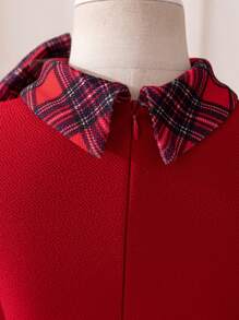 SHEIN Young Girl Solid Color Knitted Round Neck Plaid Patchwork Dress, For Christmas - Red - View 7
