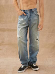 Men Premium 91% Cotton Denim And Repair Straight Leg Jeans - Medium Wash - View 4