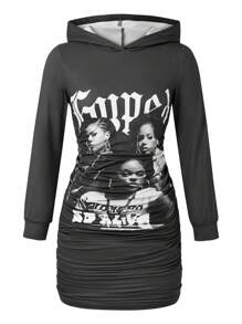 1pc Tween Girl Graphic Print Casual Hooded Long Sleeve Knee Length Bodycon Dress - Dark Grey - View 4